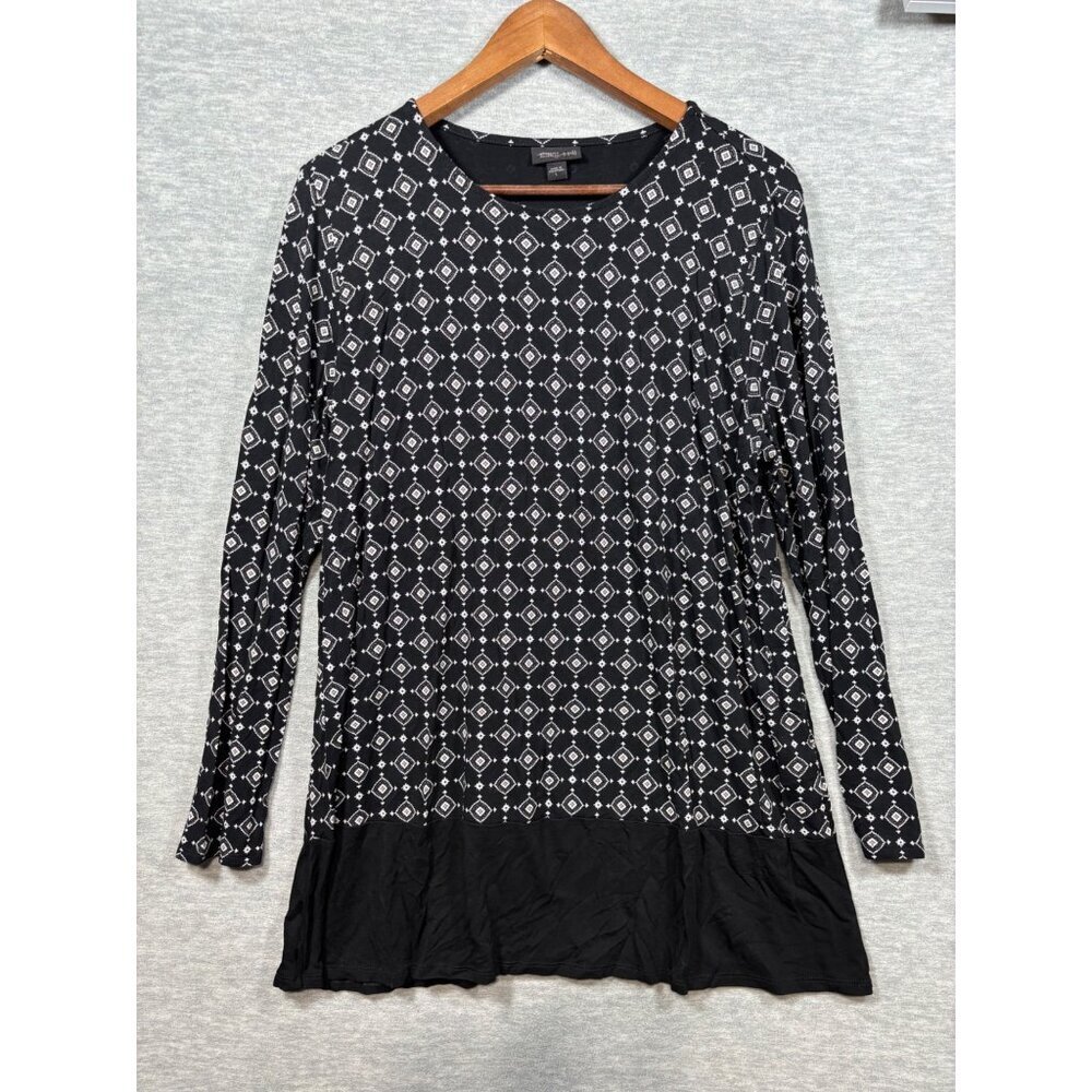 J Jill Wearever Collection Black  White Geometric Long Sleeve Top L Stretch‎